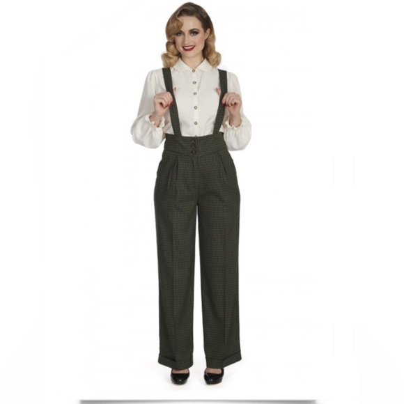 Jenny Check Suspender Trousers in Green - Picture 4 of 10
